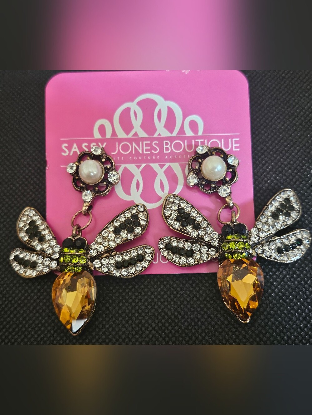 Sassy Jones Amber, Green & Black Bee Drop Earrings
